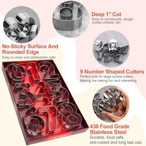 ofone Large Number Cookie Cutters (0-9), 3 Inches Stainless Steel Fondant Cutter Set, 9pcs Numbers Biscuit Molds for Baking Cake Clay - Image 3
