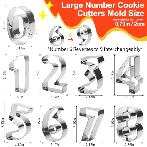ofone Large Number Cookie Cutters (0-9), 3 Inches Stainless Steel Fondant Cutter Set, 9pcs Numbers Biscuit Molds for Baking Cake Clay - Image 2