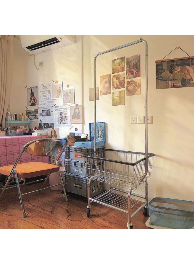 Mobile Display Hanger Floor Cart Clothing Store Display Rack Women's Special Shelf Shopping Cart Rack-Color: Storage Basket + Clothes Drying Rack + Crystal Wheel + Hemming  - Image 3