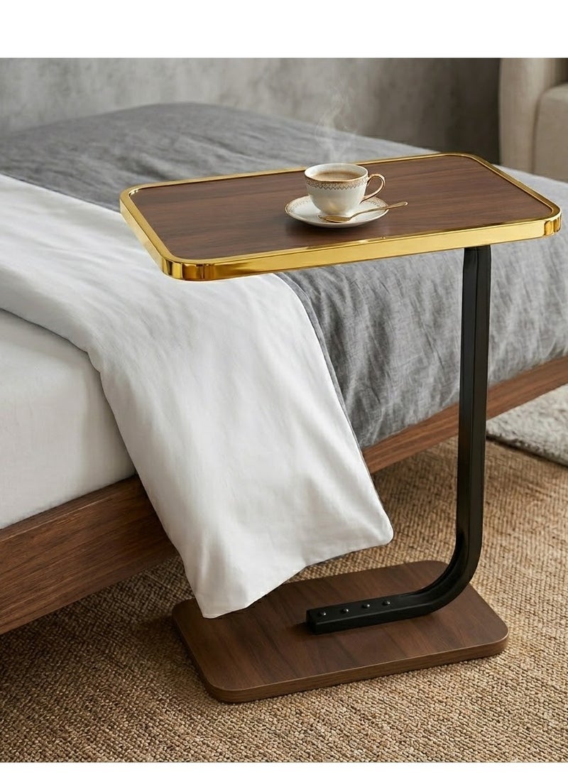 WOOD WOOD This C-shaped side table with a stylish, glossy gold frame is perfect for use next to a sofa. It features a warm wooden top and a sturdy base for stability. Place your laptop or coffee cup on it, making it easy to access your essentials while relaxing. (Easy assembly) - Image 1