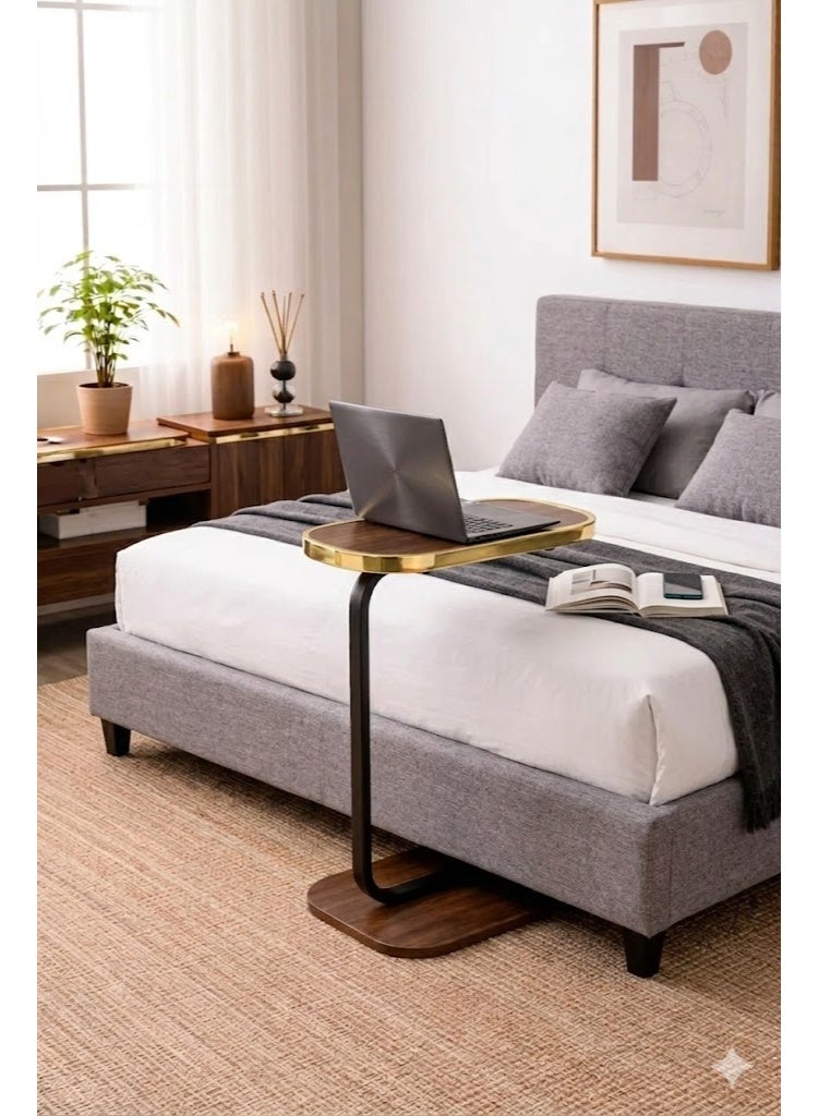 WOOD WOOD This C-shaped side table with a stylish, glossy gold frame is perfect for use next to a sofa. It features a warm wooden top and a sturdy base for stability. Place your laptop or coffee cup on it, making it easy to access your essentials while relaxing. (Easy assembly) - Image 3