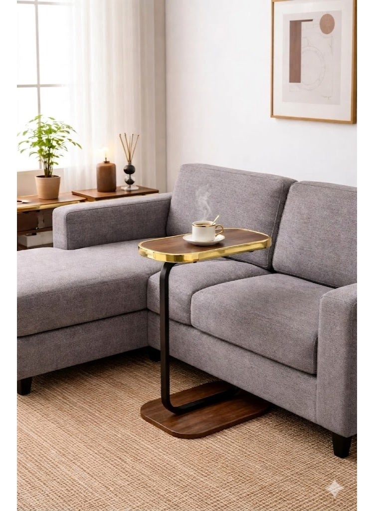 WOOD WOOD This C-shaped side table with a stylish, glossy gold frame is perfect for use next to a sofa. It features a warm wooden top and a sturdy base for stability. Place your laptop or coffee cup on it, making it easy to access your essentials while relaxing. (Easy assembly) - Image 2