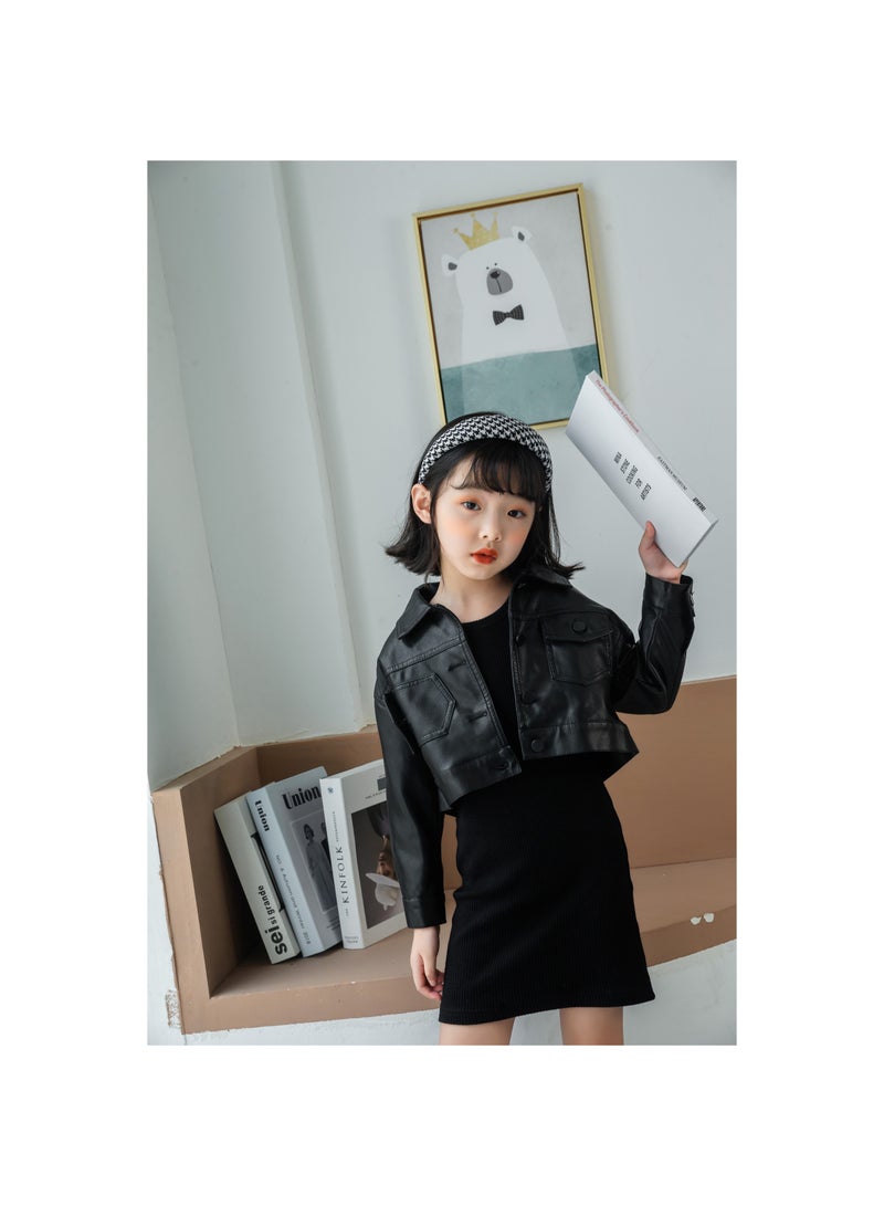 Girl's Fashionable Faux Leather Long Sleeved Jacket with Short Pockets Children's Jacket Party Birthday Party Daily Baby's Clothing2-10years  - Image 3
