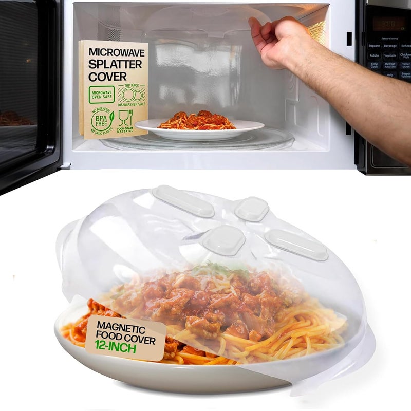 HOVER COVER Magnetic Splatter Cover, 12-Inch Clear BPA-Free Food Lid, Vented Plate Guard with Steam Vents, Anti-Splash Microwave Lid, Dishwasher Safe, Space-Saving Magnetic Storage - Ivory - Image 1