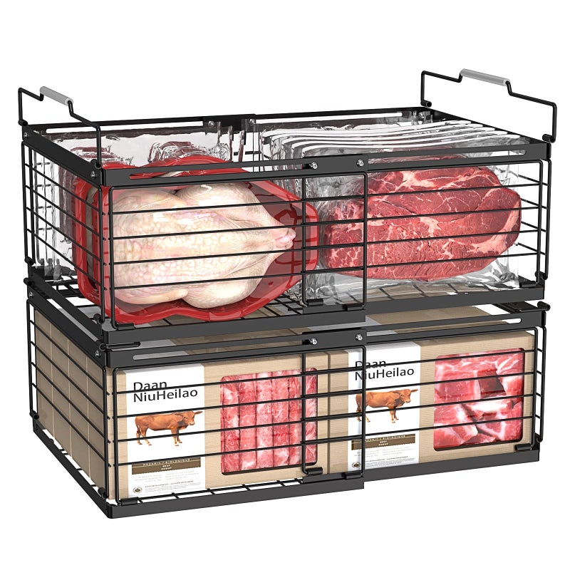 NADAMOO Freezer Organizer Bins 2 Packs Large Expandable Stackable Chest Freezer Containers with Handle Metal Adjustable Storage Baskets for Fridge Deep Freezer Cabinet Kitchen Pantry Black - Image 2
