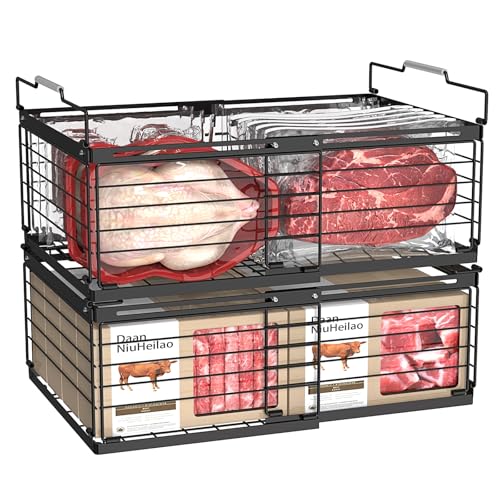 NADAMOO Freezer Organizer Bins 2 Packs Large Expandable Stackable Chest Freezer Containers with Handle Metal Adjustable Storage Baskets for Fridge Deep Freezer Cabinet Kitchen Pantry Black - Image 1