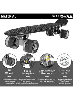 STRAUSS STRAUSS Cruiser PW Skateboard| Penny Skateboard | Casterboard | Anti-Skid Board with ABEC-7 High Precision Bearings | PU Wheel with LED Light |Ideal for 8 Years and Above | 22 X 6 Inch,(Black)  - Image 3