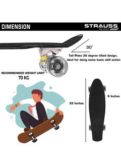 STRAUSS STRAUSS Cruiser PW Skateboard| Penny Skateboard | Casterboard | Anti-Skid Board with ABEC-7 High Precision Bearings | PU Wheel with LED Light |Ideal for 8 Years and Above | 22 X 6 Inch,(Black)  - Image 2