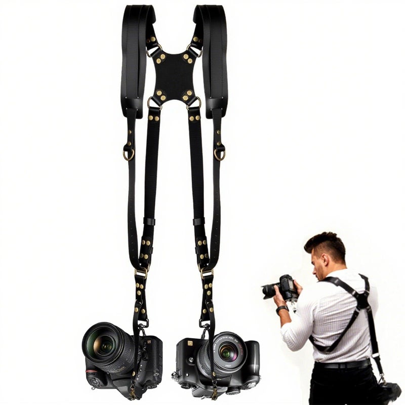 YIHAOSSING Camera Harness,Black Camera Straps for Photographers,Leather Dual Camera Strap for Two DSLR/SLR Cameras (black) - Image 1