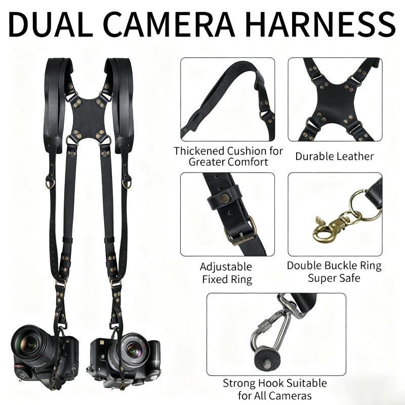 YIHAOSSING Camera Harness,Black Camera Straps for Photographers,Leather Dual Camera Strap for Two DSLR/SLR Cameras (black) - Image 2