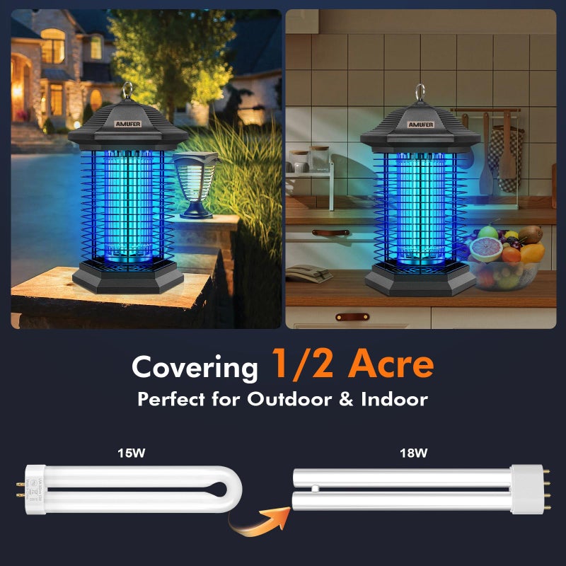AMUFER Bug Zapper Outdoor Indoor, 18W Power & 4400V Instant Grid Mosquito Repellent, Insect Control Efficiency Increased 100%, 1/2 Acre Coverage, Fly Trap for Patio, Backyard, Home - Image 2