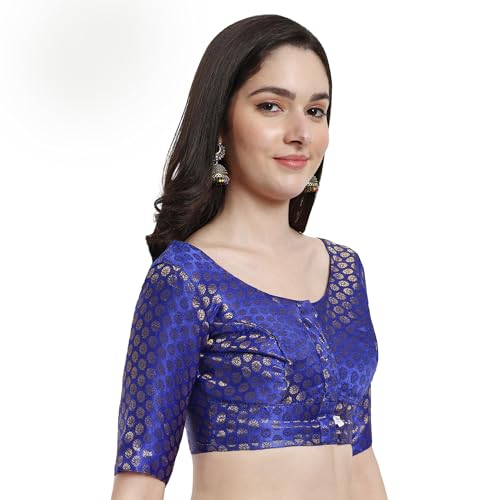 JISB Women's Brocade Round Neck Elbow Sleeve Blouse (38, Ink Blue) - Image 2