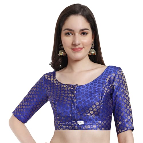 JISB Women's Brocade Round Neck Elbow Sleeve Blouse (38, Ink Blue) - Image 1