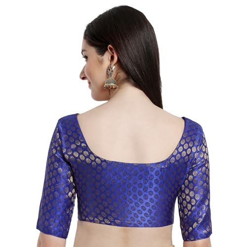 JISB Women's Brocade Round Neck Elbow Sleeve Blouse (38, Ink Blue) - Image 3