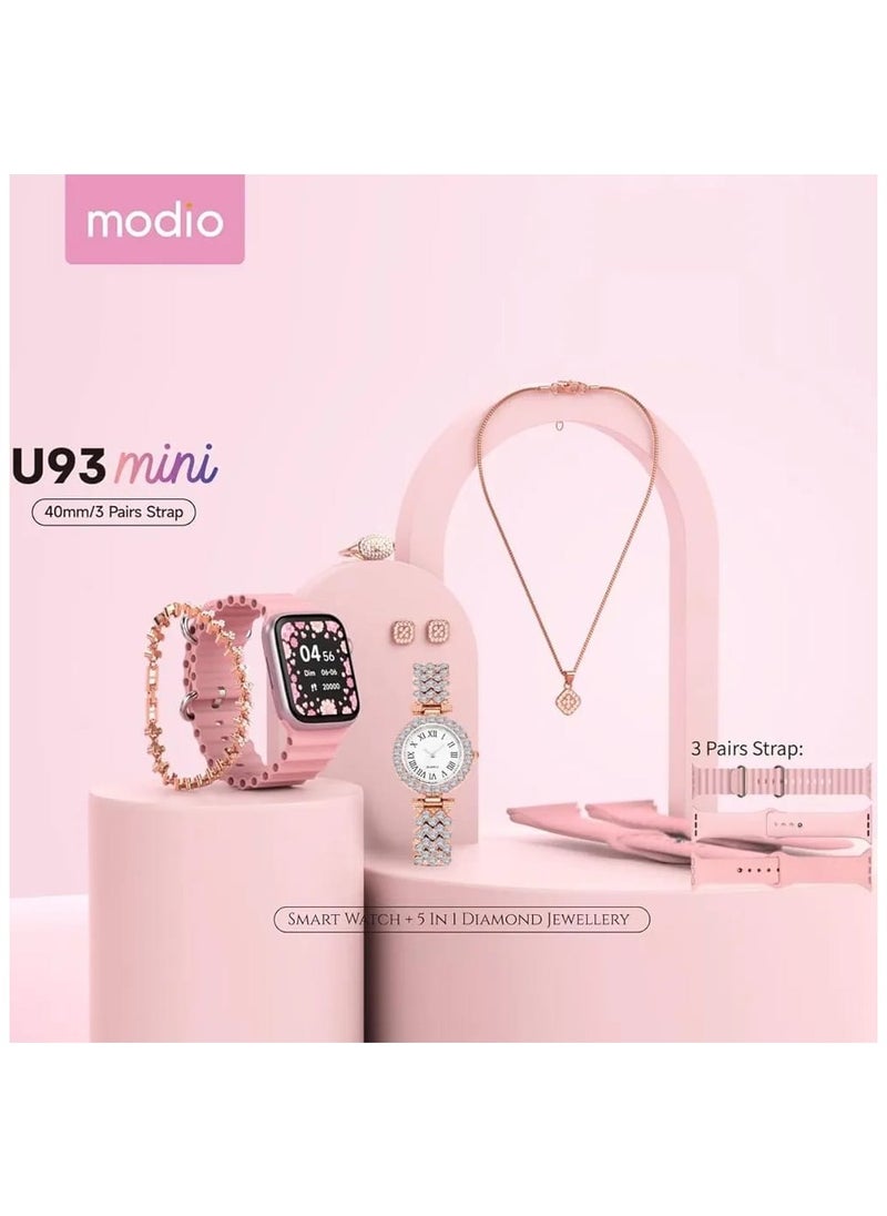 modio Luxury Gift Set: Modio U93 Mini Smartwatch with 5-in-1 Diamond-Inspired Jewelry Collection & Multiple Strap Options  - Image 1