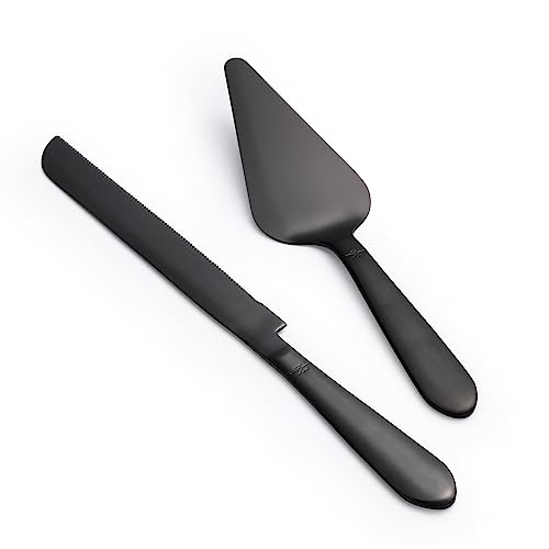 Eisinly Wedding Cake Knife and Server Set, Integral Stainless Steel Longer Cake Cutter and Wider Pie Spatula, Elegant Cake Cutting Serving Set for Party Birthday Bridal Shower Set of 2, Matte Black - Image 1