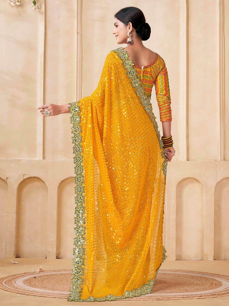 Satrani Women'S Georgette Mirror Sequin Embroidery & Scalloped Border Saree With Unstitched Blouse Piece (4215S390N_Yellow) - Image 3