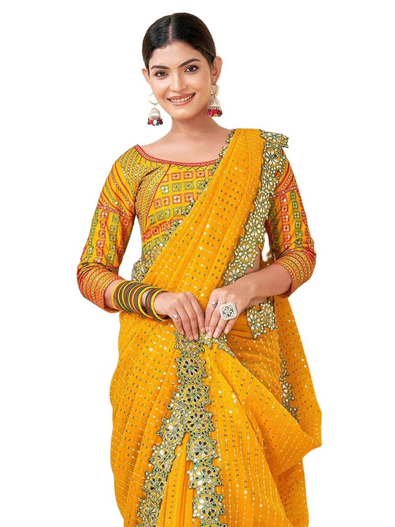 Satrani Women'S Georgette Mirror Sequin Embroidery & Scalloped Border Saree With Unstitched Blouse Piece (4215S390N_Yellow) - Image 1