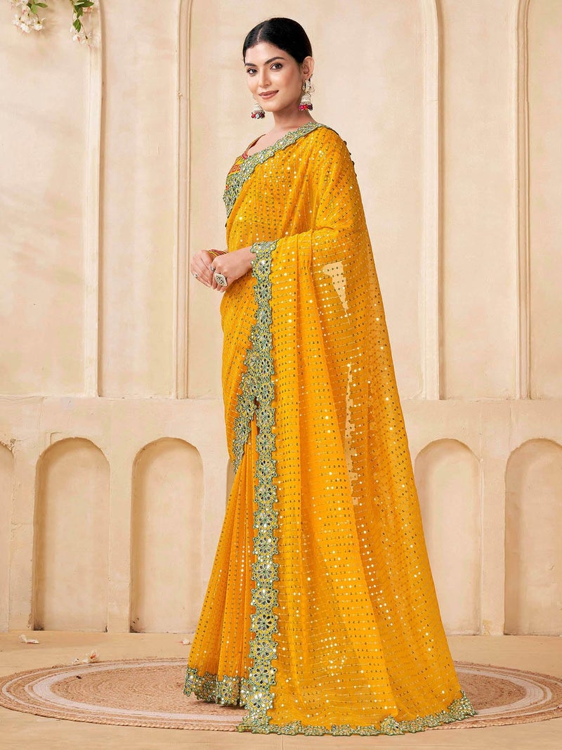 Satrani Women'S Georgette Mirror Sequin Embroidery & Scalloped Border Saree With Unstitched Blouse Piece (4215S390N_Yellow) - Image 2
