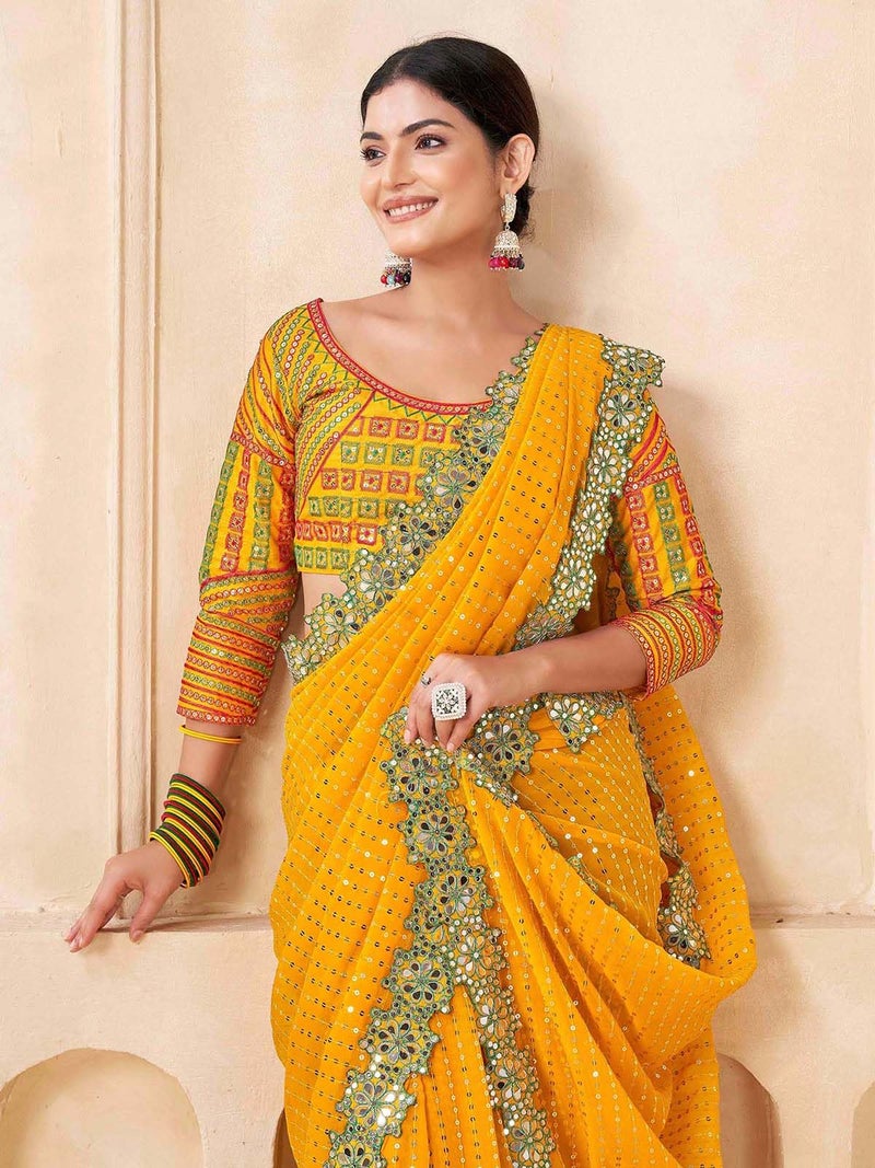 Satrani Women'S Georgette Mirror Sequin Embroidery & Scalloped Border Saree With Unstitched Blouse Piece (4215S390N_Yellow) - Image 4