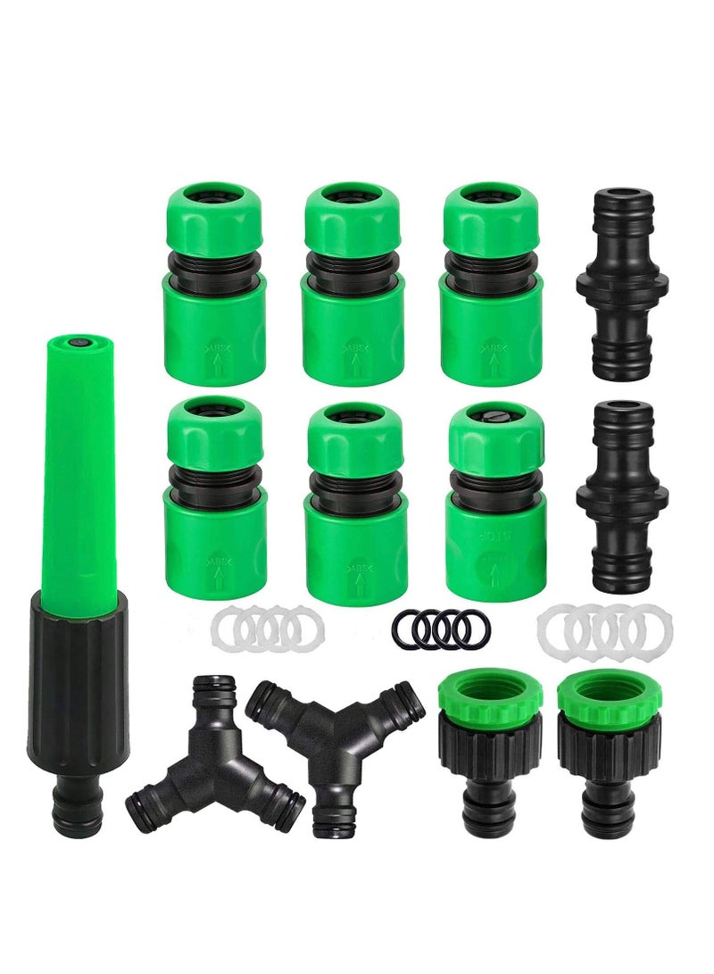 SYOSI مجموعة موصلات خرطوم الحديقة الكاملة: تركيبات بلاستيكية مع نهاية الخرطوم، موصلات، محولات ثنائية، فوهة رش، ومقسم خرطوم Y لتوصيلات صنبور سلسة - أخضر - Image 1