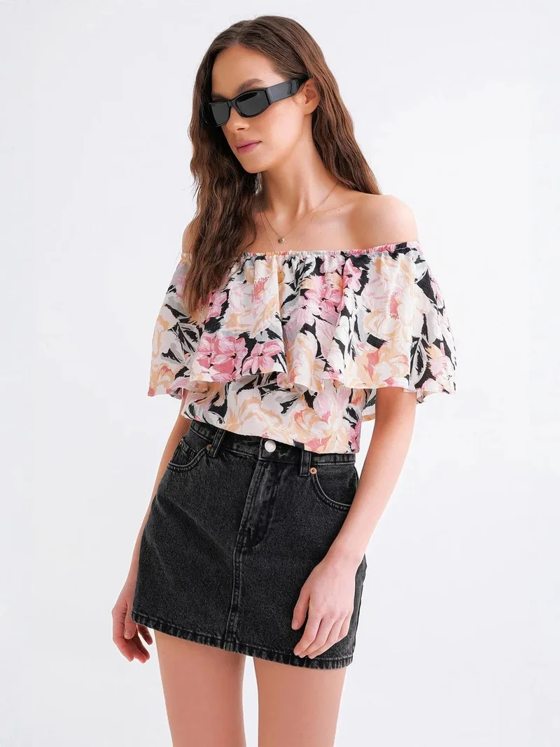Mixray Floral Print Off Shoulder Blouse