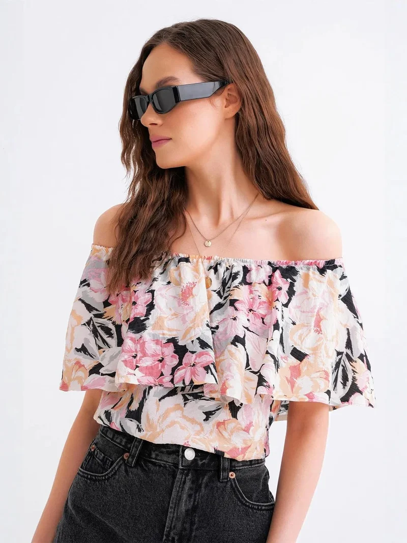 MixRay Powder Pink Mixray Floral Print Off Shoulder Blouse for Women | Best Price UAE