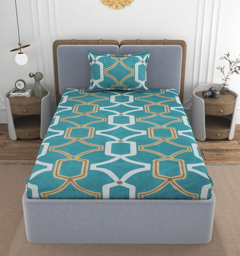 Vomzer 300 TC Cotton Feel All Around Elastic Fitted Queen Size Bedsheets, Supersoft Elastic Fitted Double Bedsheet with 2 Pillow Covers, Size 60x78x8 Inches Aqua - Image 1