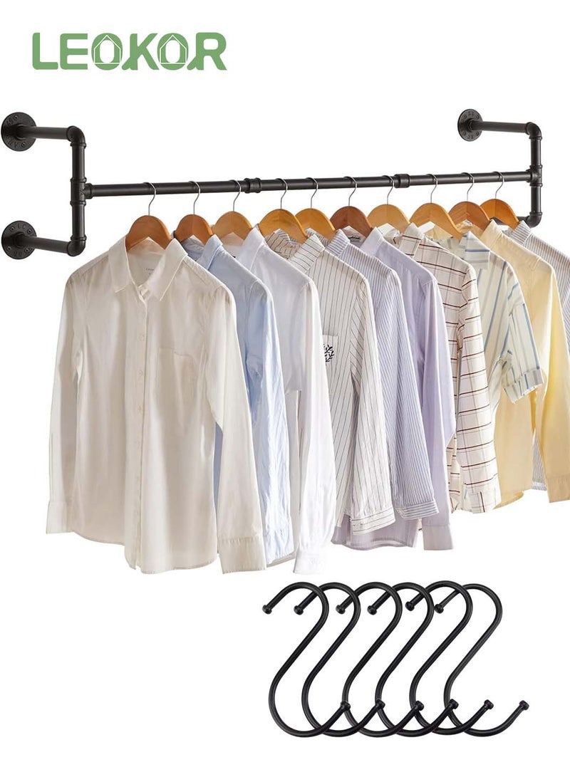 LEOKOR Clothes Rack, Wall Mounted Industrial Pipe Clothing Rack, Heavy Duty Iron Pipe, Multi-Purpose Hanging Clothes Rack with free 6 Hooks, Space-Saving Closet Rod for Laundry Room Bedroom Living Room - Image 1