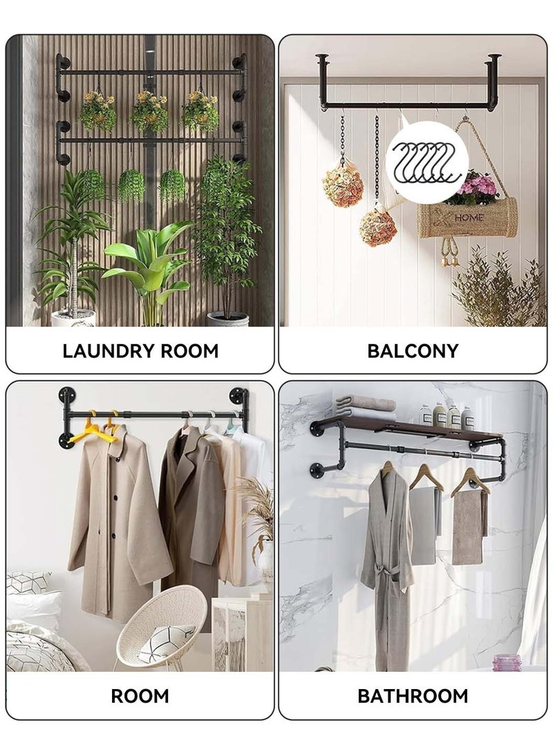 LEOKOR Clothes Rack, Wall Mounted Industrial Pipe Clothing Rack, Heavy Duty Iron Pipe, Multi-Purpose Hanging Clothes Rack with free 6 Hooks, Space-Saving Closet Rod for Laundry Room Bedroom Living Room - Image 2