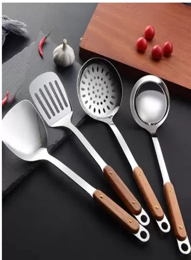 Naidev 6 Piece Kitchen Cooking Stainless Steel Utensils Set Wooden Handle Cooking Tools Gadgets Spatula Set with Hook,Shovel,Slotted Turner,Slotted Skimmer,Ladle,Rice Spoon and Cooking Spoon - Image 3