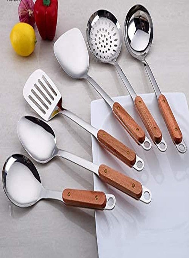 Naidev 6 Piece Kitchen Cooking Stainless Steel Utensils Set Wooden Handle Cooking Tools Gadgets Spatula Set with Hook,Shovel,Slotted Turner,Slotted Skimmer,Ladle,Rice Spoon and Cooking Spoon - Image 1