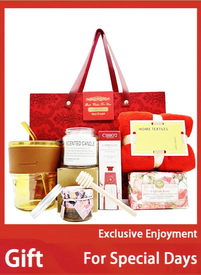 ARNOTEC Red themed high-end women's gift set - Aromatherapy relaxation spa gift box, including aromatherapy candles, honey, soap, hand cream, glass water cup, towel - the best gift for birthdays, anniversaries and holidays - Image 1