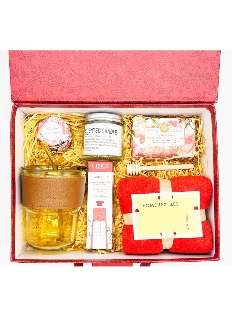 ARNOTEC Red themed high-end women's gift set - Aromatherapy relaxation spa gift box, including aromatherapy candles, honey, soap, hand cream, glass water cup, towel - the best gift for birthdays, anniversaries and holidays - Image 3