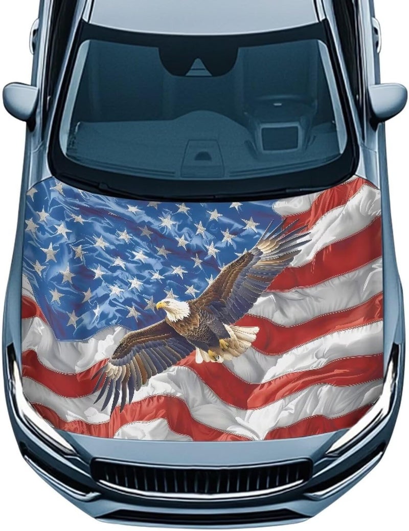 HUIACONG American Flag Car Hood Cover Elastic Eagle Patriotic Hood Cover of Car Washable Universal July 4th Hood Covers for SUV Sedan - Image 1