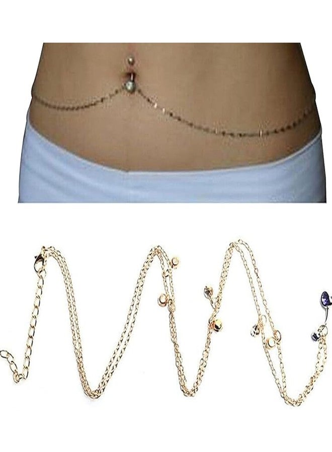 WFik Sexy Rhinestone Waist Chain with Heart Dangle Belly Summer Crystal Button Chain Navel Piercing Belly Ring Chain Bikini Festival Rave Dancer Belly Body Chain Jewelry for Women (Gold) - Image 3