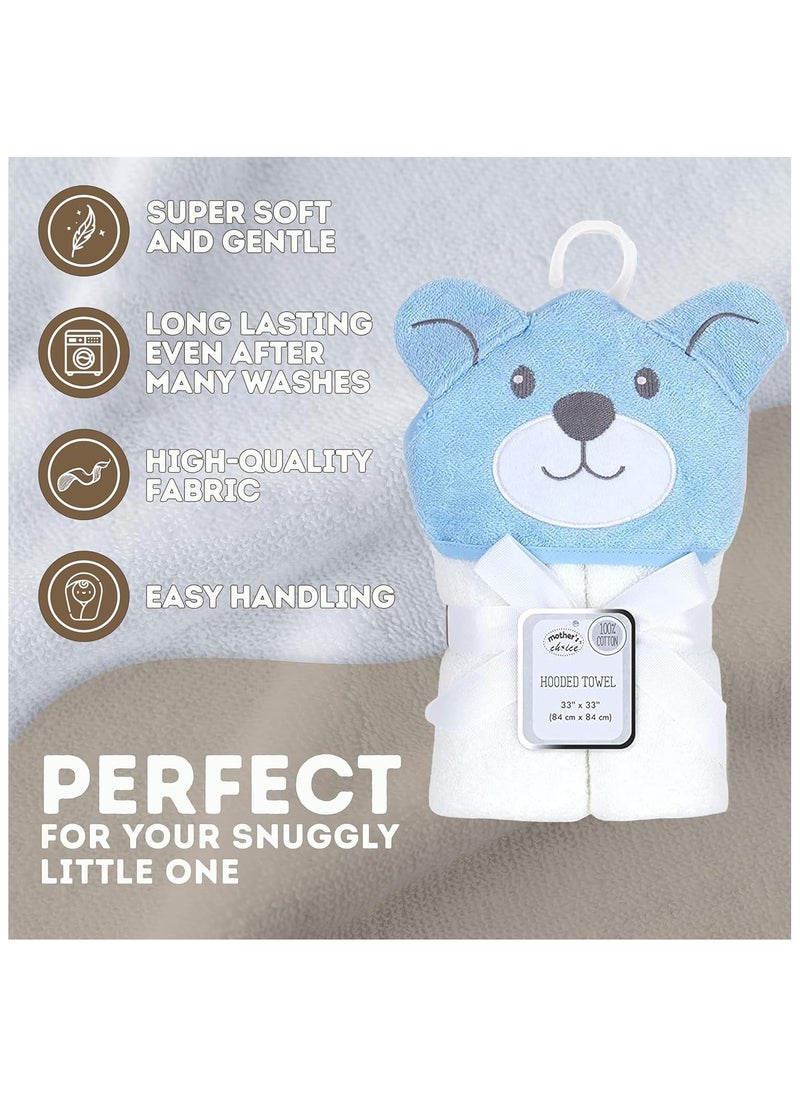 Mothers Choice - Hooded Baby Towel Bear 3D Ears -100% Cotton Baby Towel -Soft & Snuggly Baby Towel - 84x84 cm- Newborn to 4 Years - White/Blue - Image 1