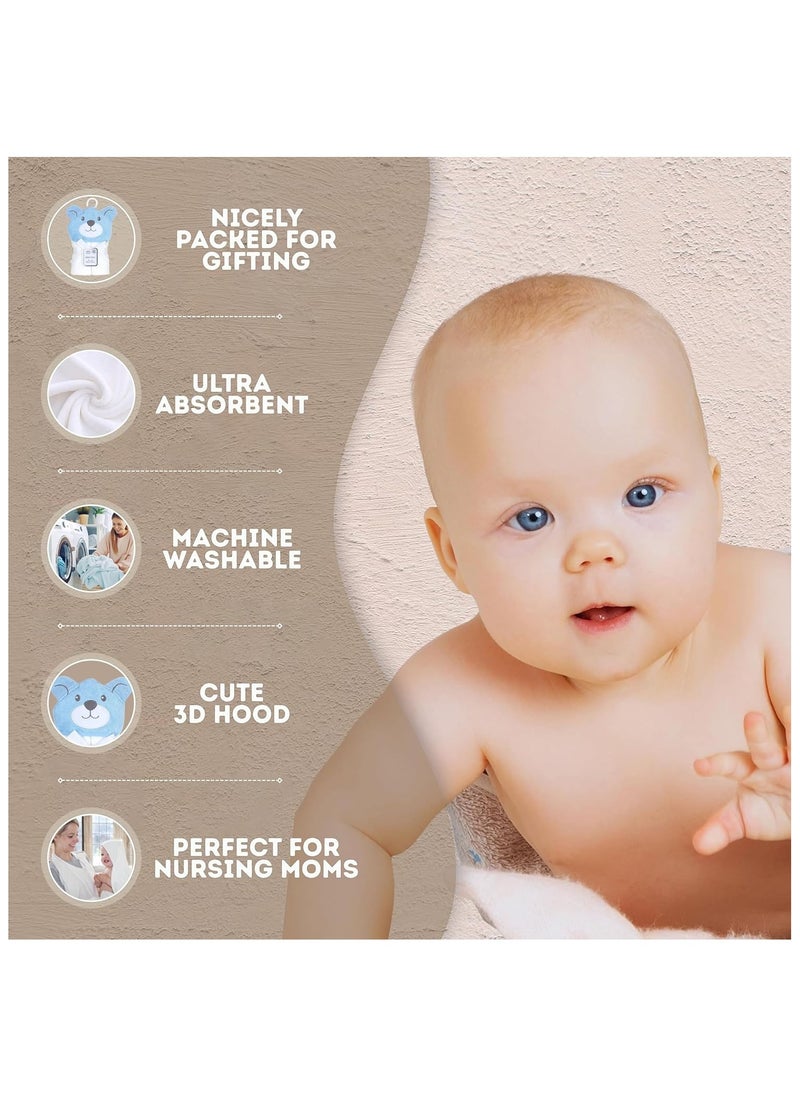 Mothers Choice - Hooded Baby Towel Bear 3D Ears -100% Cotton Baby Towel -Soft & Snuggly Baby Towel - 84x84 cm- Newborn to 4 Years - White/Blue - Image 1