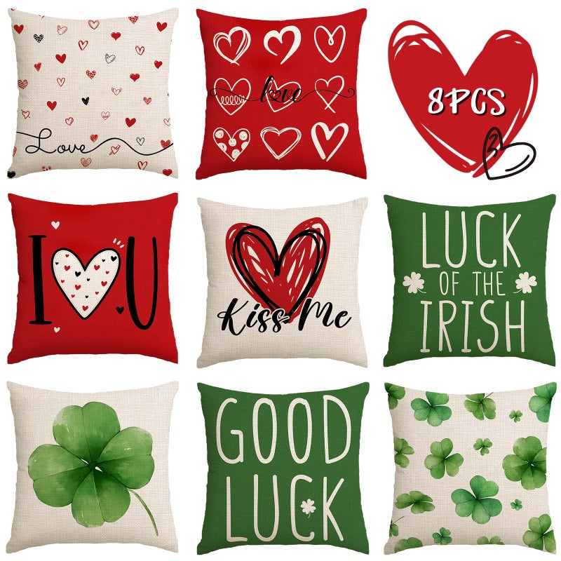 RGQSUN Set of 8 Valentines Day Pillow Covers & St Patricks Day Pillow Covers 18 x 18inch,Love Heart Throw Pillowcase Decorative Shamrock Lucky Pillow Cases for Farmhouse Home Sofa Bed Decoration - Image 1