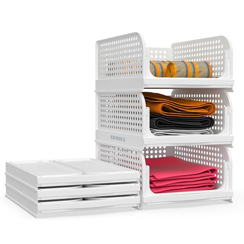 Skrill Pack of 3 Foldable, Sliding & Stackable Plastic Wardrobe Organizer for Storage Clothes | Ideal Wardrobe Shelf Organiser for Innerwear, Shirt, Socks | White - Image 1