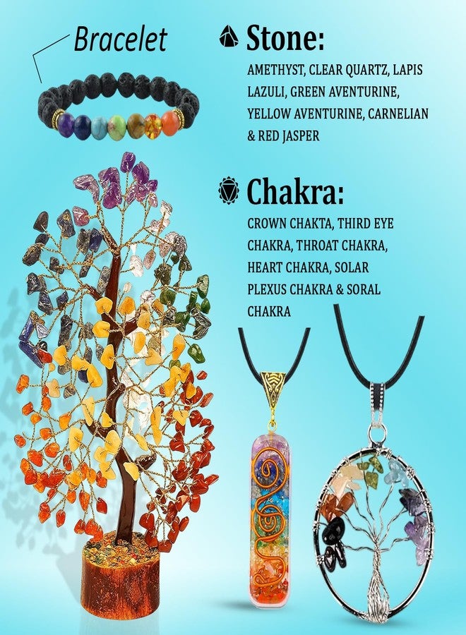 Real Crystal Seven Chakra Healing Tree Kit with 7 Chakra Bracelet and 2 Pendant Necklace - Gemstones Money Bonsai Tree Decor for Spiritual Good Luck Gift, Birthday Gift for Women, Men, Home, Office - Image 2