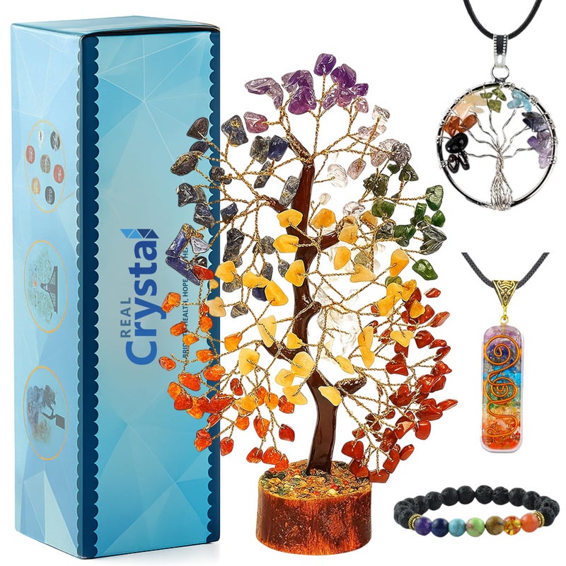 Real Crystal Seven Chakra Healing Tree Kit with 7 Chakra Bracelet and 2 Pendant Necklace - Gemstones Money Bonsai Tree Decor for Spiritual Good Luck Gift, Birthday Gift for Women, Men, Home, Office - Image 1
