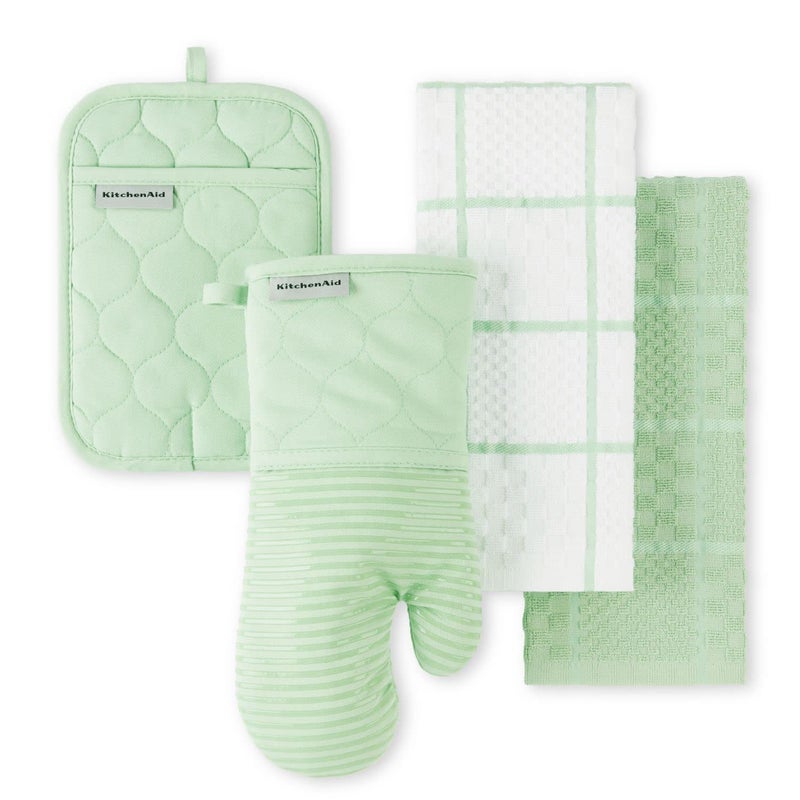 KITCHENAID Quilted Cotton Terry Cloth Oven Mitt  Pot Holder  Kitchen Towel 4-Pack Set  Heat Resistant  Silicone Grip  Gift Set  Pistachio  16""x26""  7""x13"" & 7""x10"" - Image 1