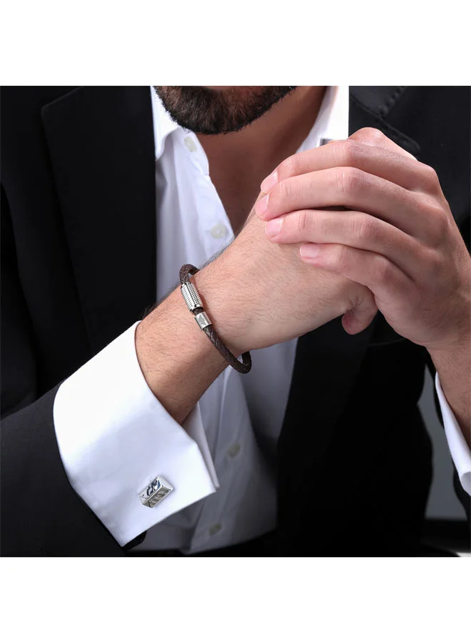 بوليس Urban Texture Silver Charms Black Leather Bracelet Large for Men
