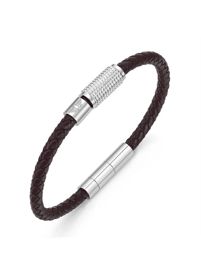 POLICE Urban Texture Silver Stainless Steel Black Leather Bracelet for Men 200mm