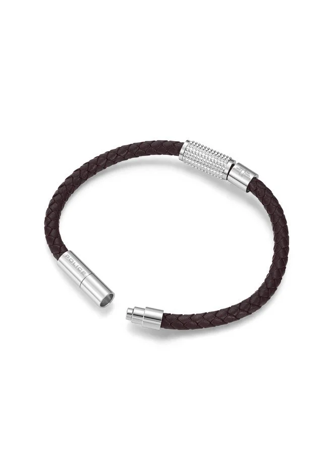 POLICE Urban Texture Silver Stainless Steel Black Leather Bracelet for Men 200mm
