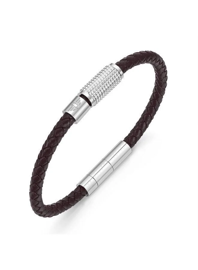 POLICE Urban Texture Silver Stainless Steel Black Leather Bracelet for Men 200mm