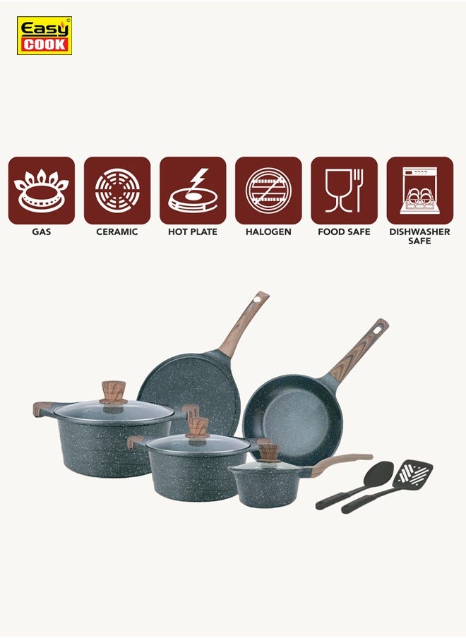 Easy Cook - 11 Piece Non Stick Marble Coated Cookware Set, 26cm,28cm Casserole With Glass Lid, 16cm Sauce Pan, 26cm Fry Pan, 26cm Tawa, 3 Pcs Nylon Utensils, AFT214 - Image 1