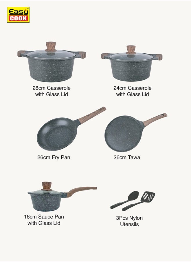 Easy Cook - 11 Piece Non Stick Marble Coated Cookware Set, 26cm,28cm Casserole With Glass Lid, 16cm Sauce Pan, 26cm Fry Pan, 26cm Tawa, 3 Pcs Nylon Utensils, AFT214 - Image 1