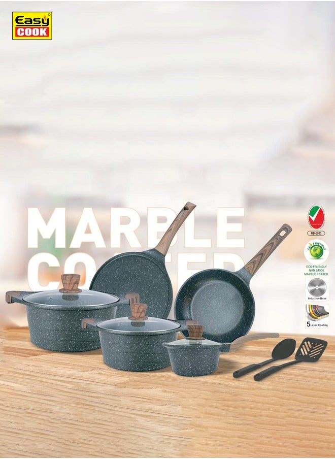 Easy Cook - 11 Piece Non Stick Marble Coated Cookware Set, 26cm,28cm Casserole With Glass Lid, 16cm Sauce Pan, 26cm Fry Pan, 26cm Tawa, 3 Pcs Nylon Utensils, AFT214 - Image 1